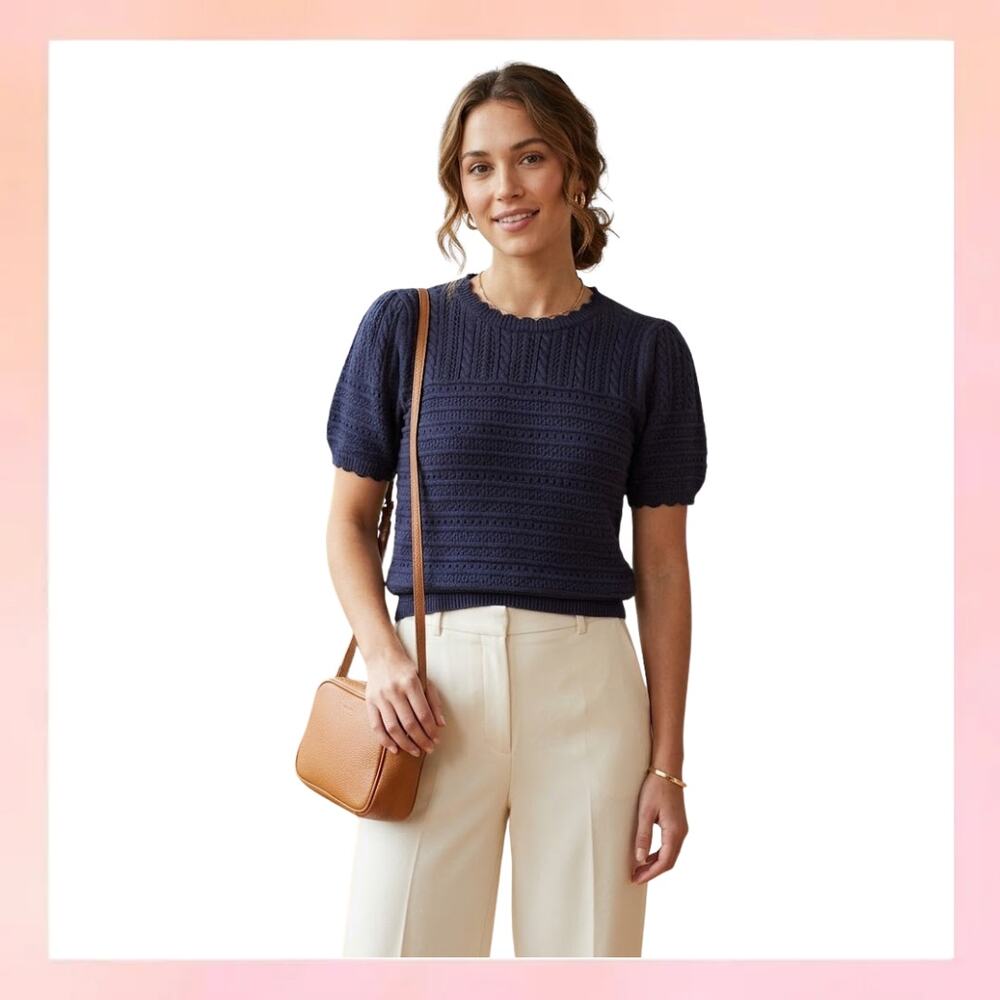 Draper James Navy Blue Pointelle Cable Knit Puff Sleeve Sweater - Size M